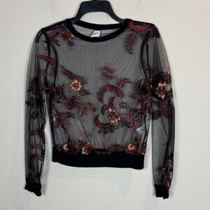 Impulsive Black Floral Embroidered Sheer Top size medium